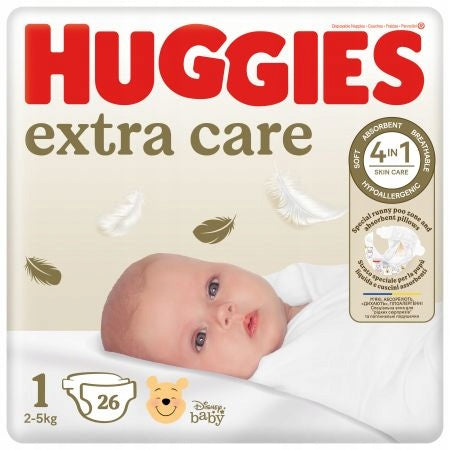Huggies Extra Care – PIELUSZKI JEDNORAZOWE - Rozmiar 1 - (2–5 kg) - 26 szt.
