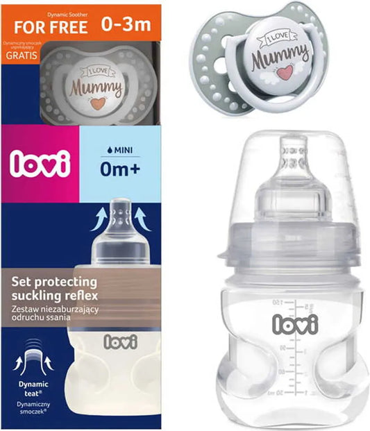LOVI Love Mummy ZESTAW dla niemowląt: BUTELKA 150 ml + SMOCZEK uspokajający (0+