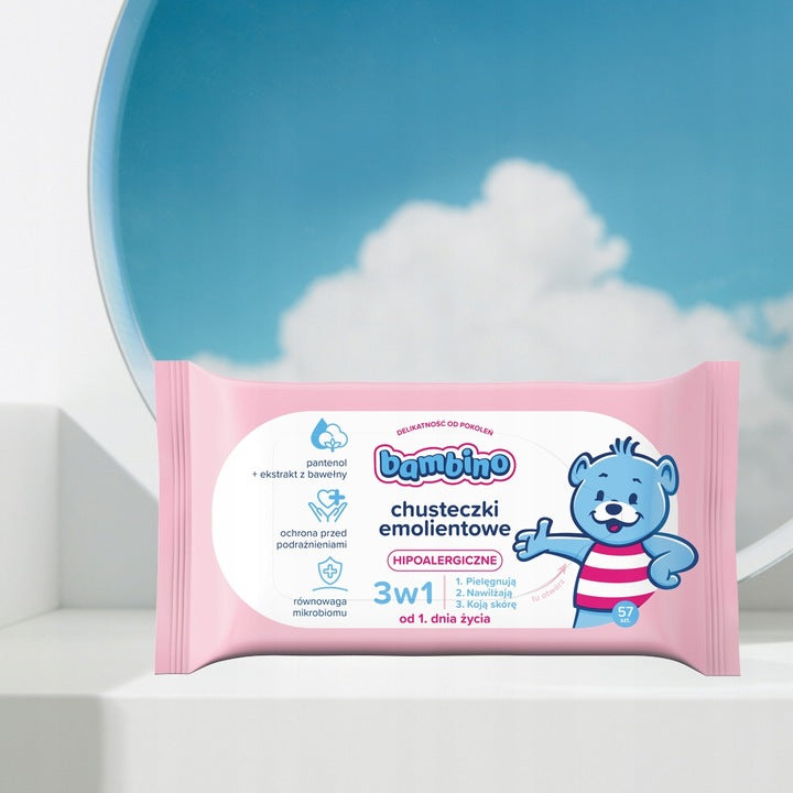 BAMBINO 3w1 - Chusteczki emolientowe hipoalergiczne - dla niemowląt dzieci - (57 szt.)