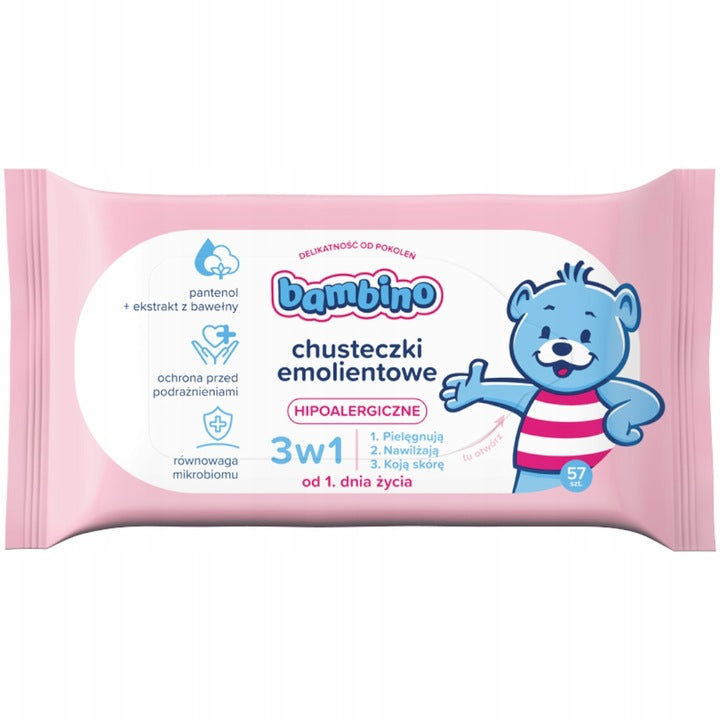 BAMBINO 3w1 - Chusteczki emolientowe hipoalergiczne - dla niemowląt dzieci - (57 szt.)