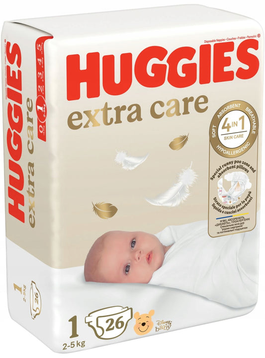 Huggies Extra Care – PIELUSZKI JEDNORAZOWE -  Rozmiar 1 - (2–5 kg) - 26 szt.